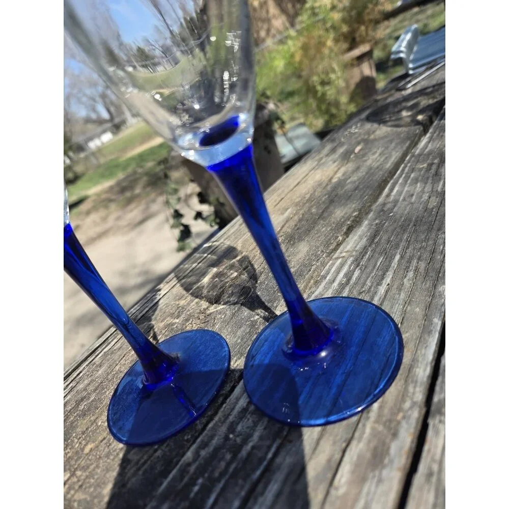 Vintage Cobalt Blue Stem Champagne Flute Wine‎ Glasses 8.25